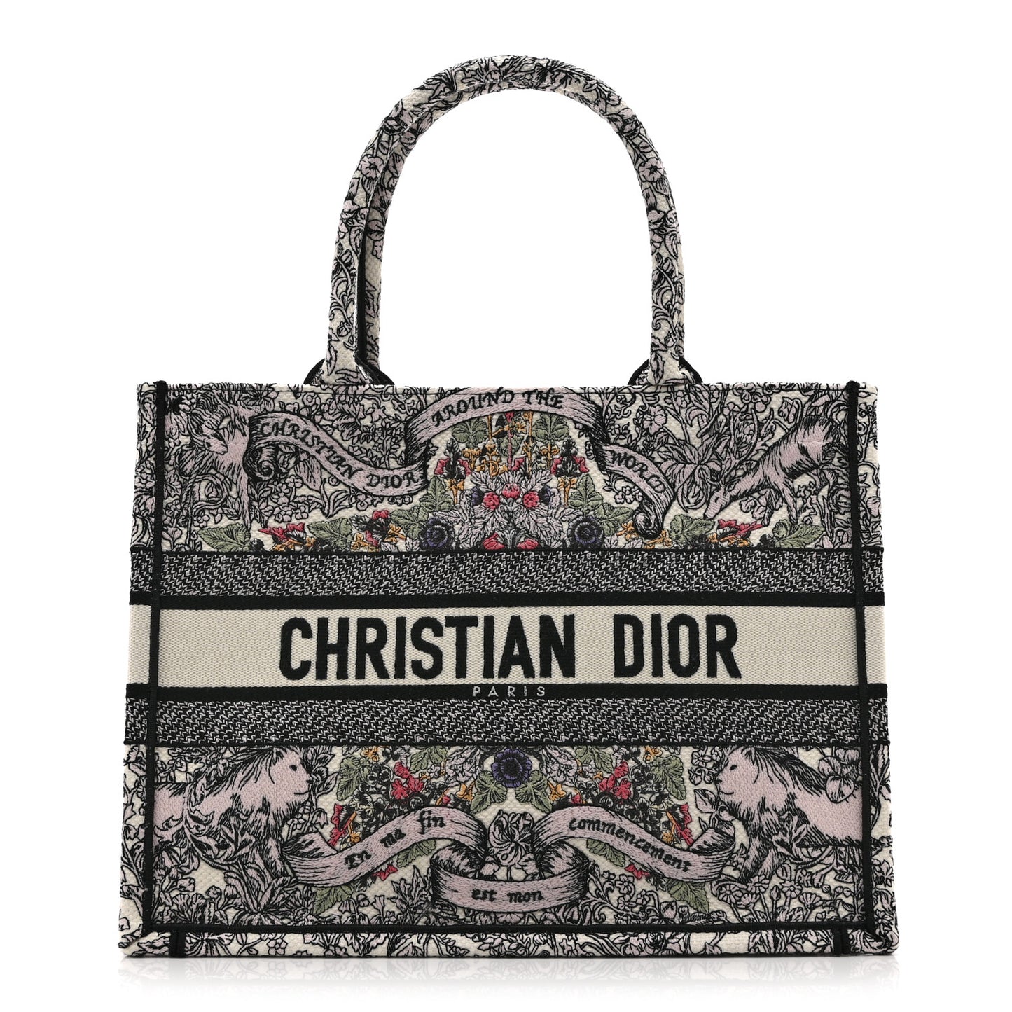 Canvas Embroidered Medium Book Tote White Multicolor