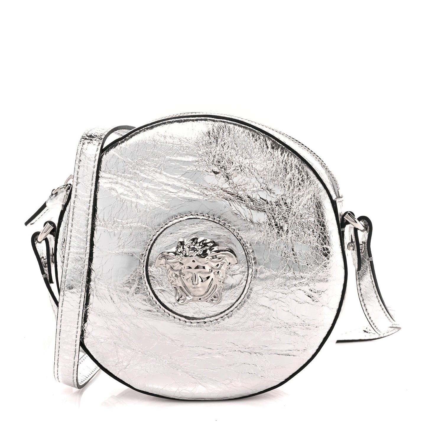 Metallic Crackled Lambskin La Medusa Disco Round Crossbody Silver