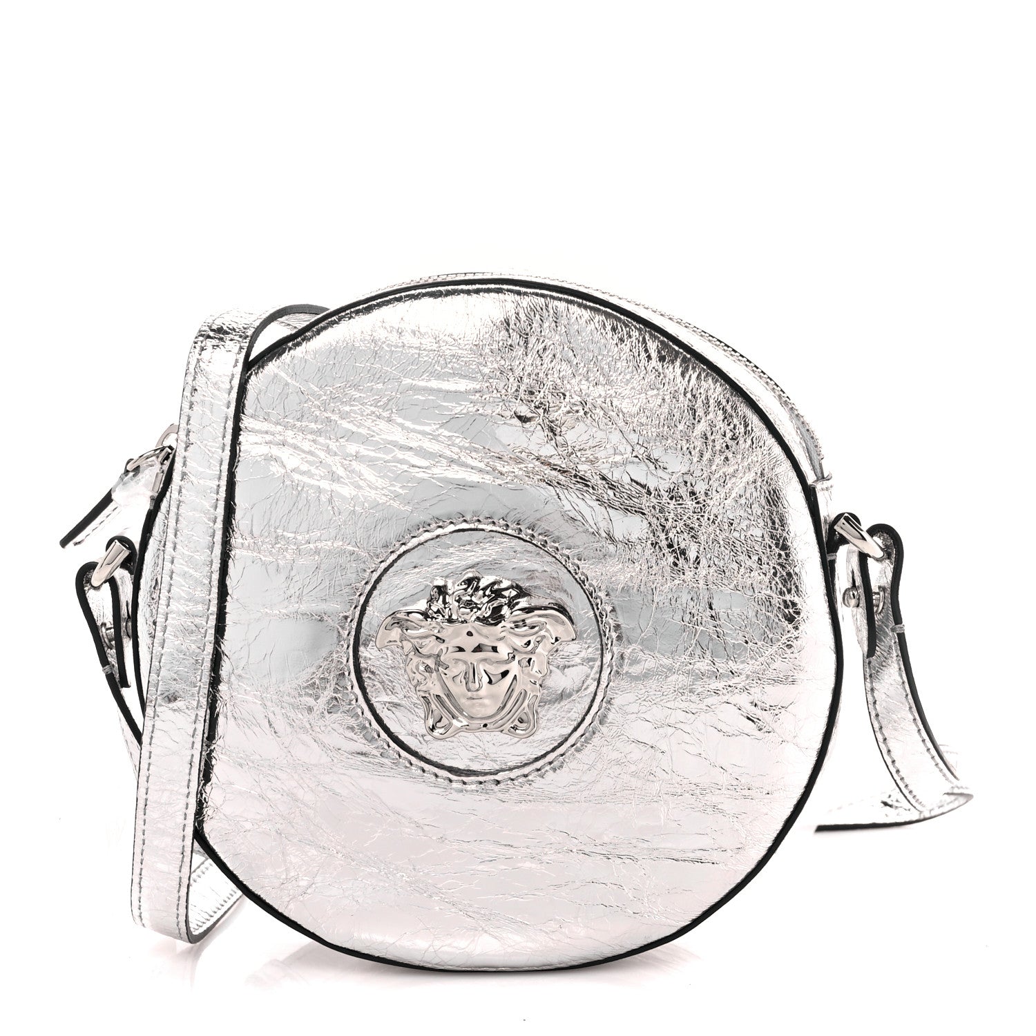 Versace Metallic Crackled Lambskin La Medusa Disco Round Crossbody Silver 1 of 11