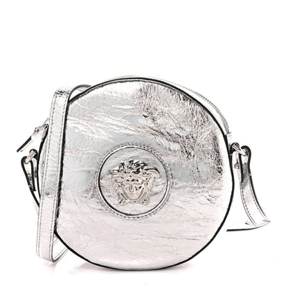 Versace Metallic Crackled Lambskin La Medusa Disco Round Crossbody Silver 1 of 11