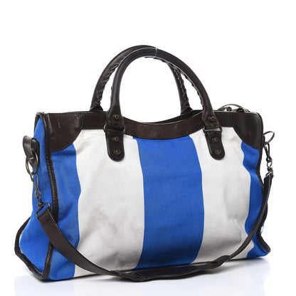Balenciaga Agneau Canvas Striped Raye Classic Hardware City Brown Bleu White 3 of 20