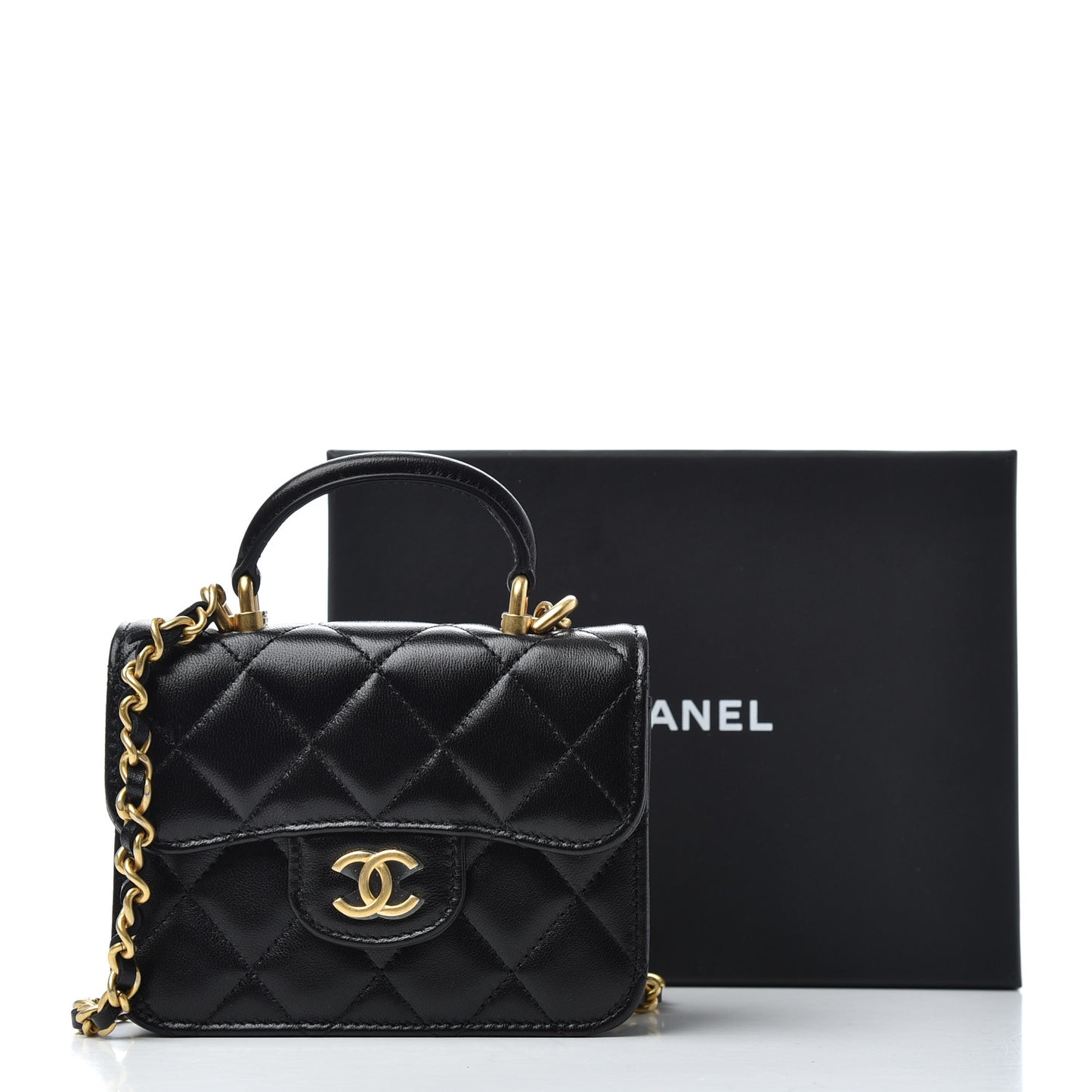 Lambskin Quilted Top Handle Flap Coin Purse With Chain Black