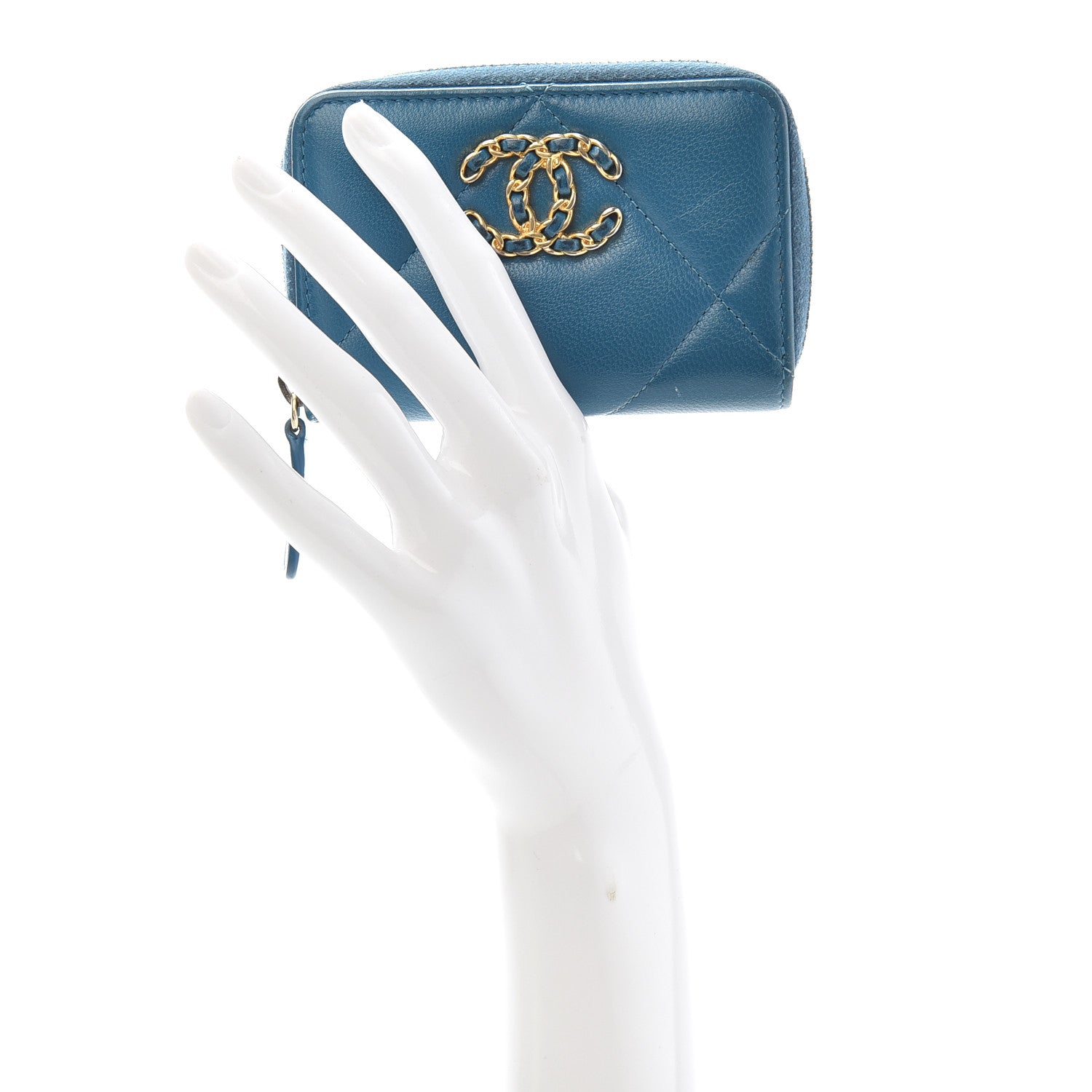 Chanel Goatskin Quilted Chanel 19 Zip Around Coin Purse Wallet Turquoise 2 of 7
