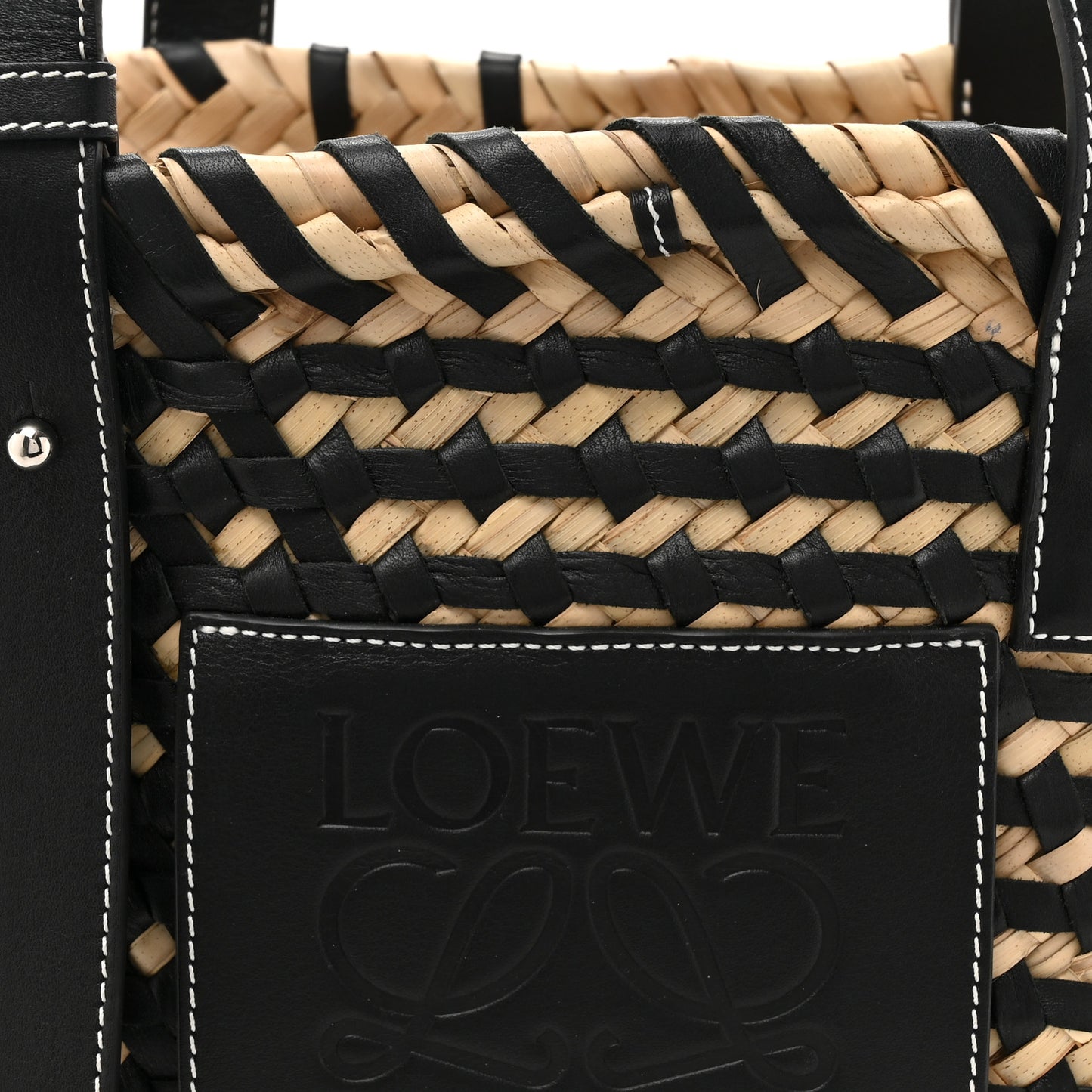 Raffia Calfskin Woven Basket Tote Bag Natural Black