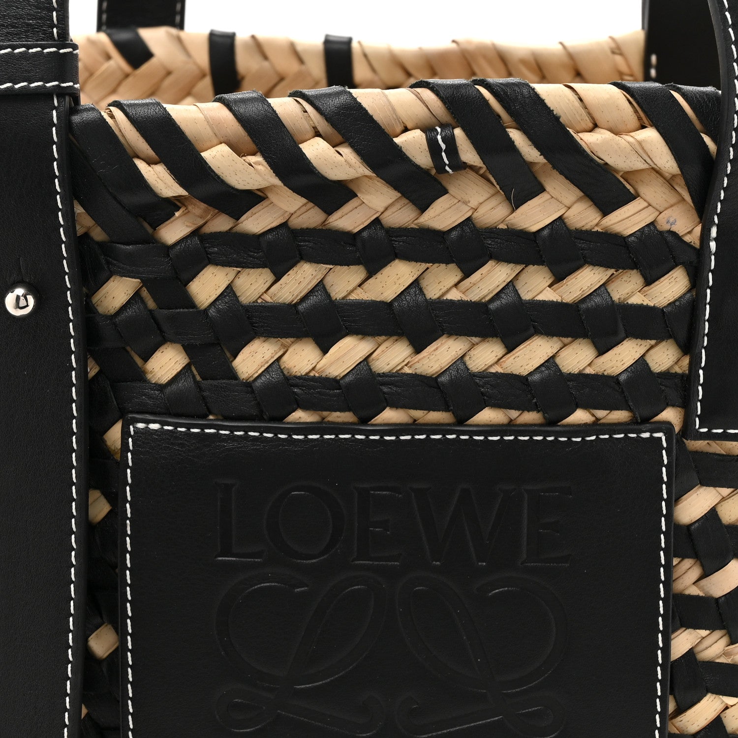 Loewe Raffia Calfskin Woven Basket Tote Bag Natural Black 8 of 13