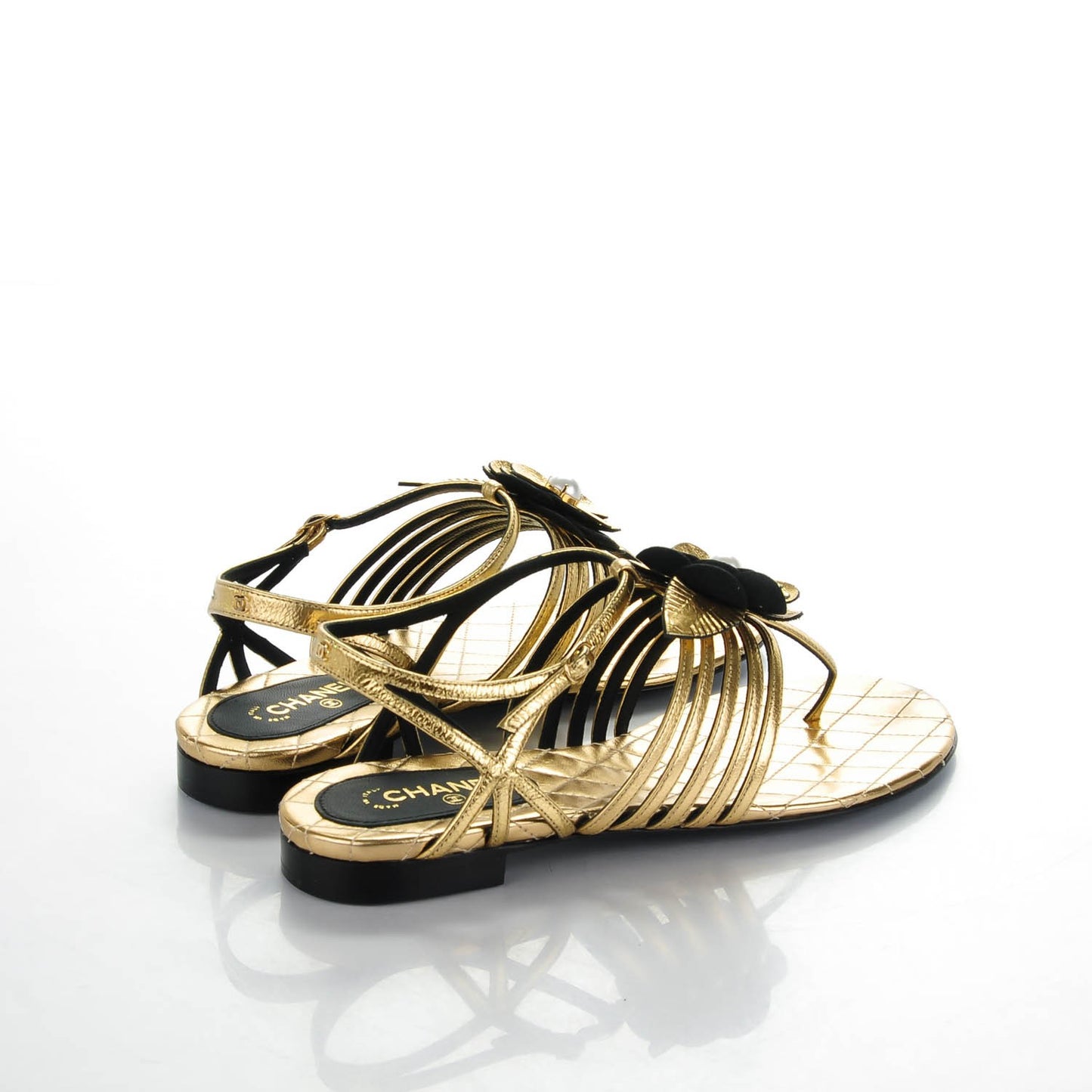 Crumpled Calfskin Camellia Pearl Thong Sandals 36.5 Gold