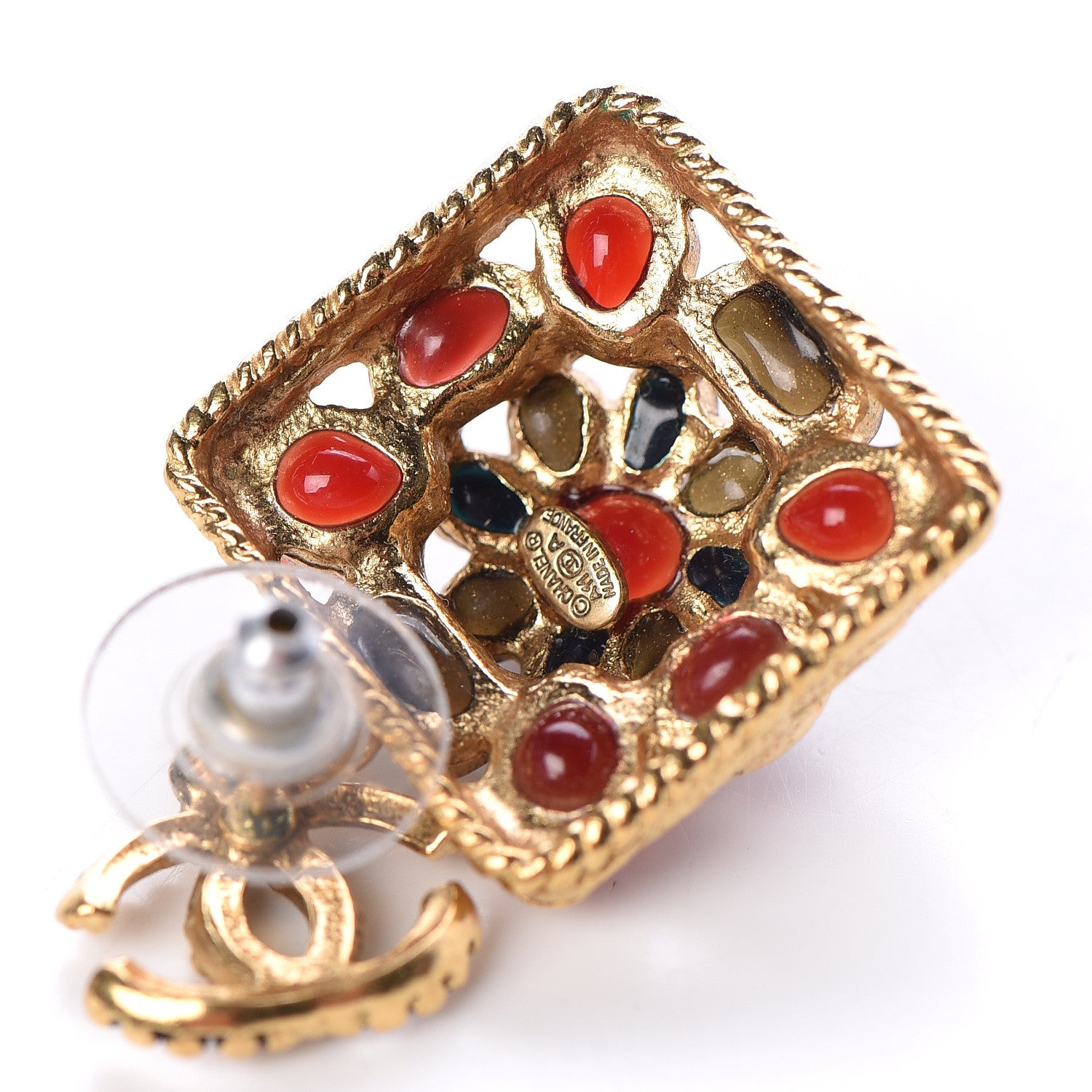 Chanel Gripoix Poured Glass Square CC Drop Earrings Red Blue Gold 4 of 4