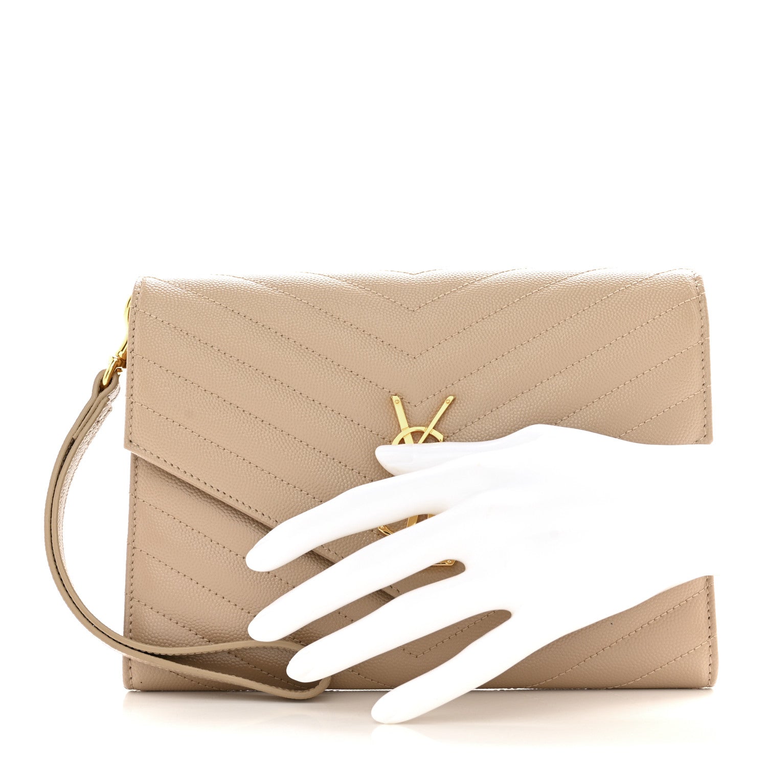 Saint Laurent Grain De Poudre Matelasse Chevron Monogram Envelope Clutch Dark Beige 2 of 9