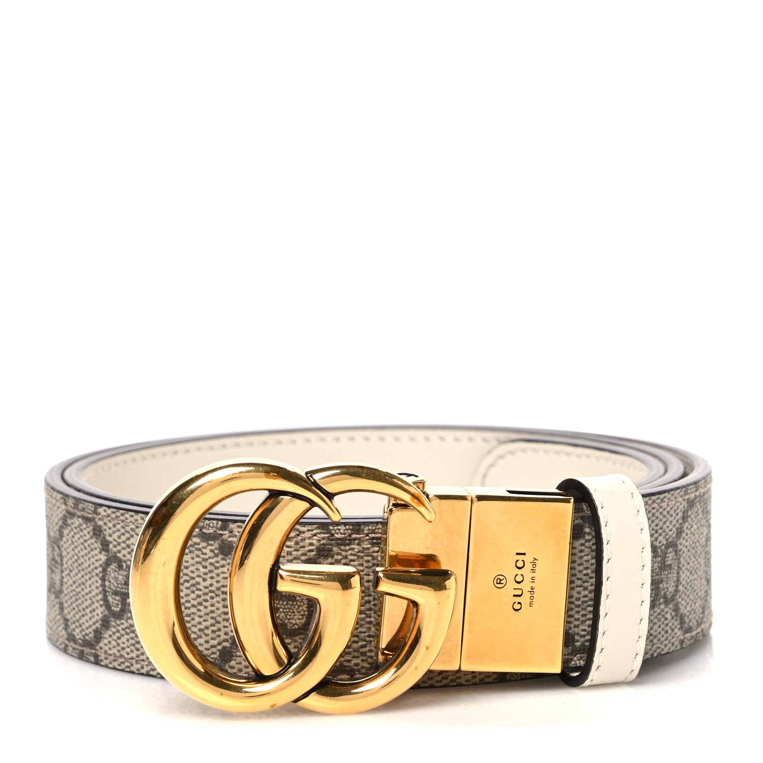 Gucci GG Supreme Monogram Plutone Calfskin Double G Reversible 30mm Belt 75 30 Beige Ebony Mystic White 1 of 5