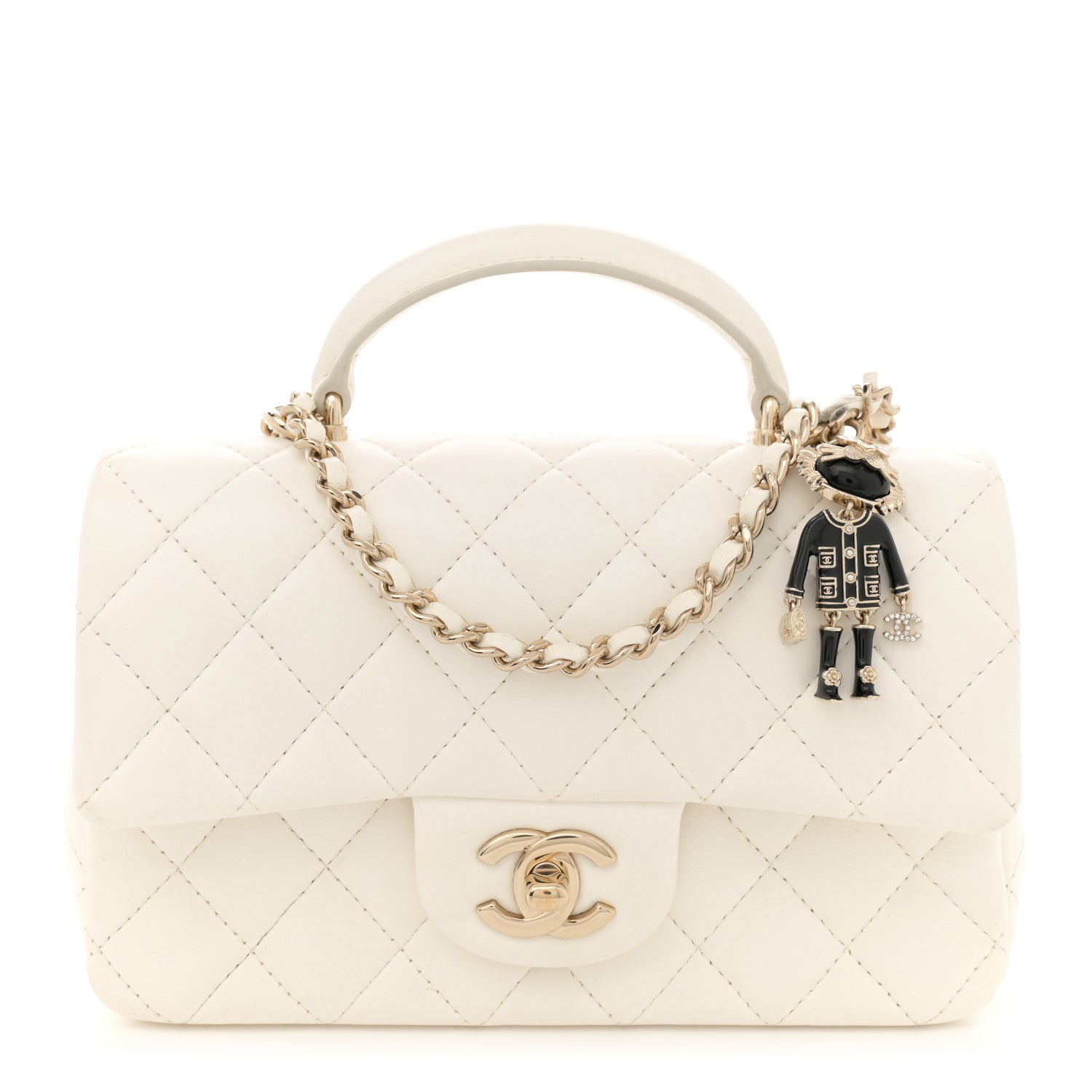 Chanel Lambskin Quilted Mini Lion Charm Top Handle Rectangular Flap White 1 of 15