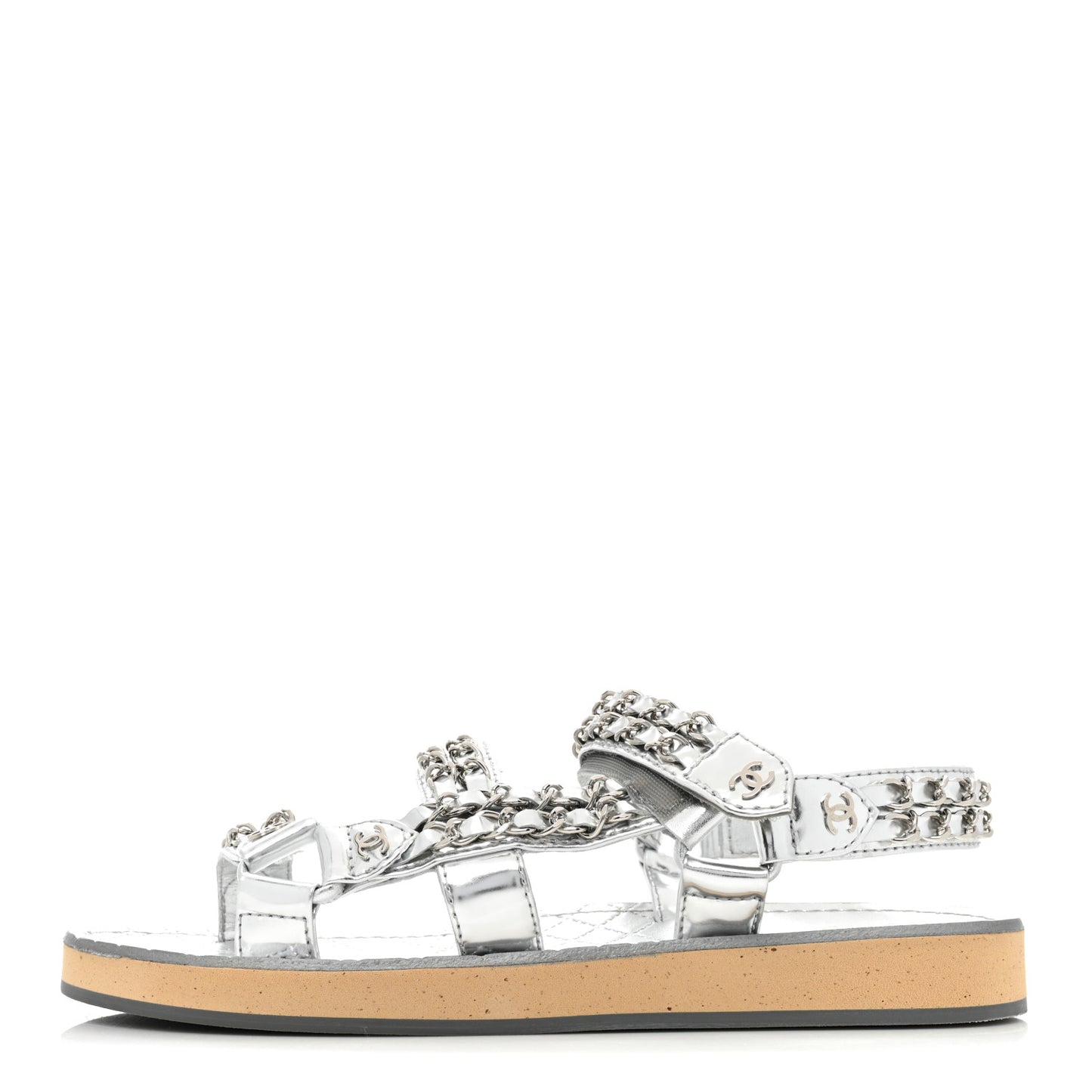 Metallic Laminated Goastkin Chain Flat Sandals 37 Silver