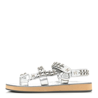 Chanel Metallic Laminated Goastkin Chain Flat Sandals 37 Silver 1 of 11