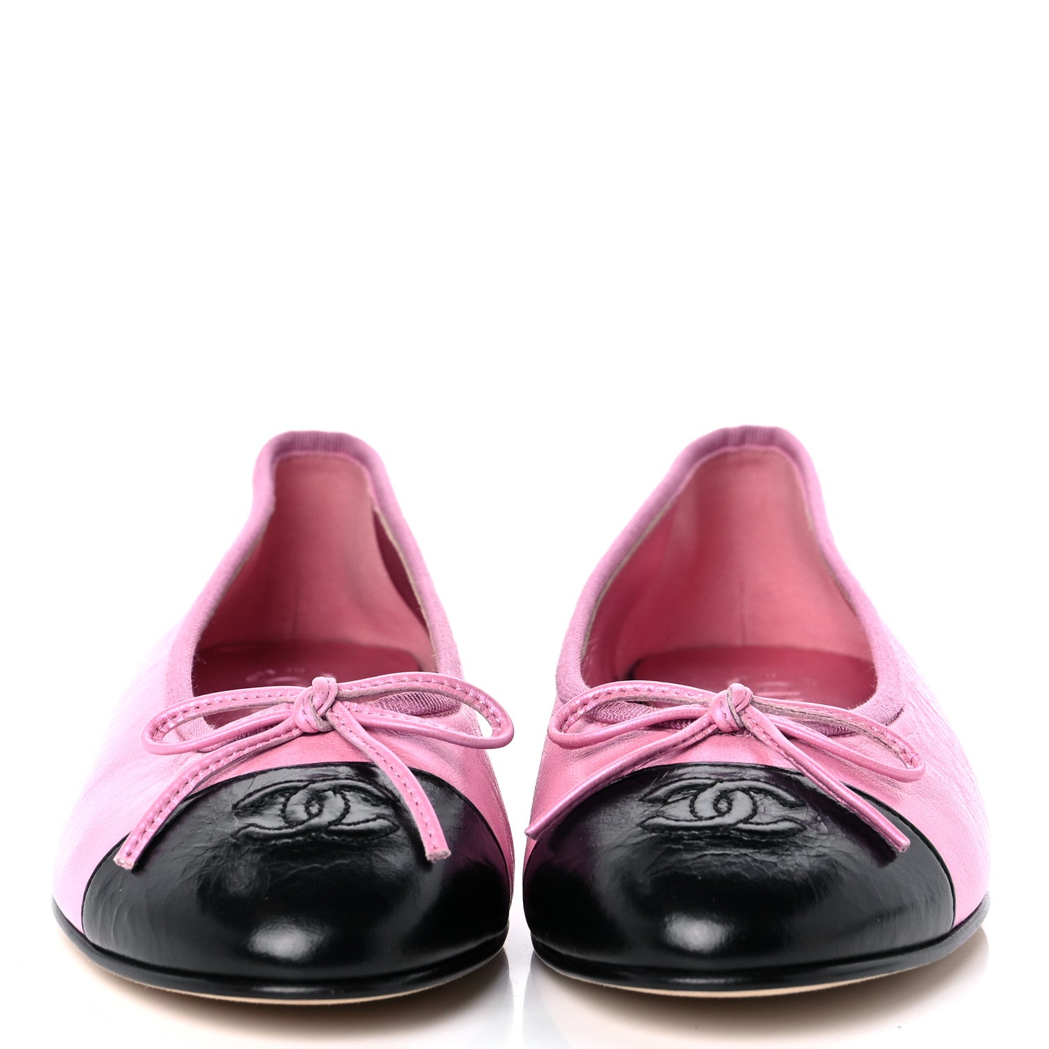 Chanel Laminated Crumpled Lambskin Cap Toe CC Ballerina Flats 37.5 Pink Black 2 of 10