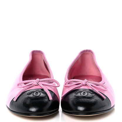 Chanel Laminated Crumpled Lambskin Cap Toe CC Ballerina Flats 37.5 Pink Black 2 of 10