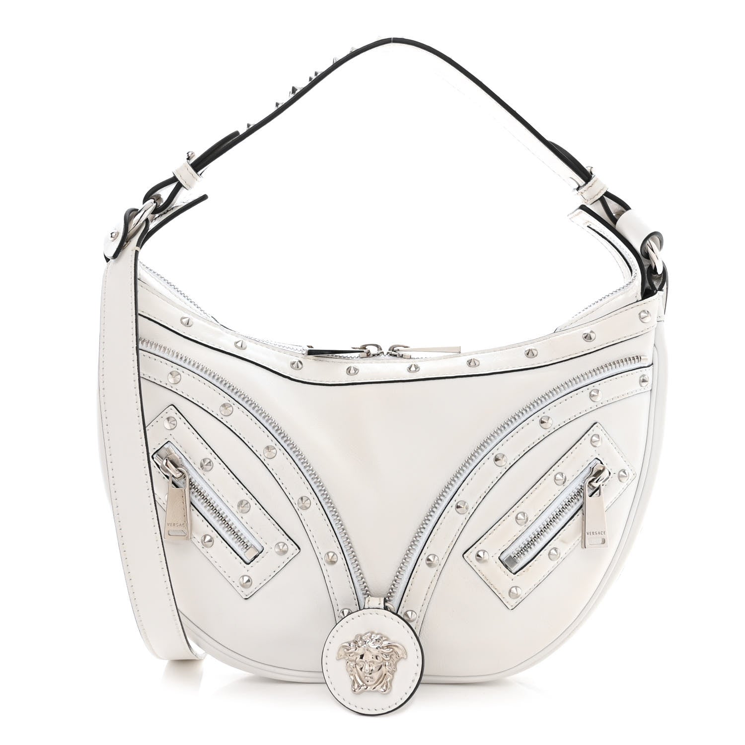 Versace Calfskin Studded Small Repeat Zip Hobo White 1 of 16