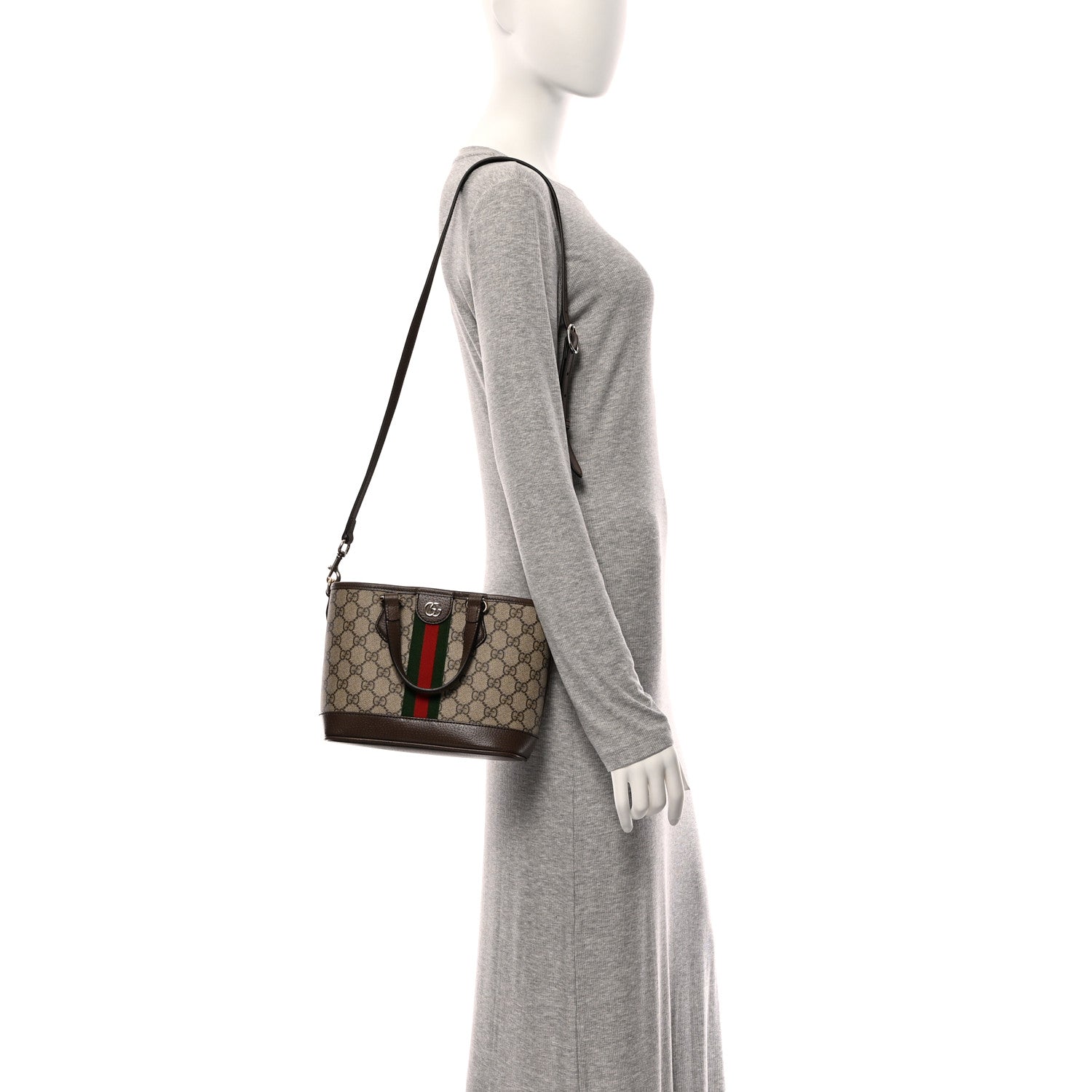 Gucci GG Supreme Monogram Textured Calfskin Web Small Ophidia Shoulder Tote Bag Beige Ebony New Acero 2 of 10