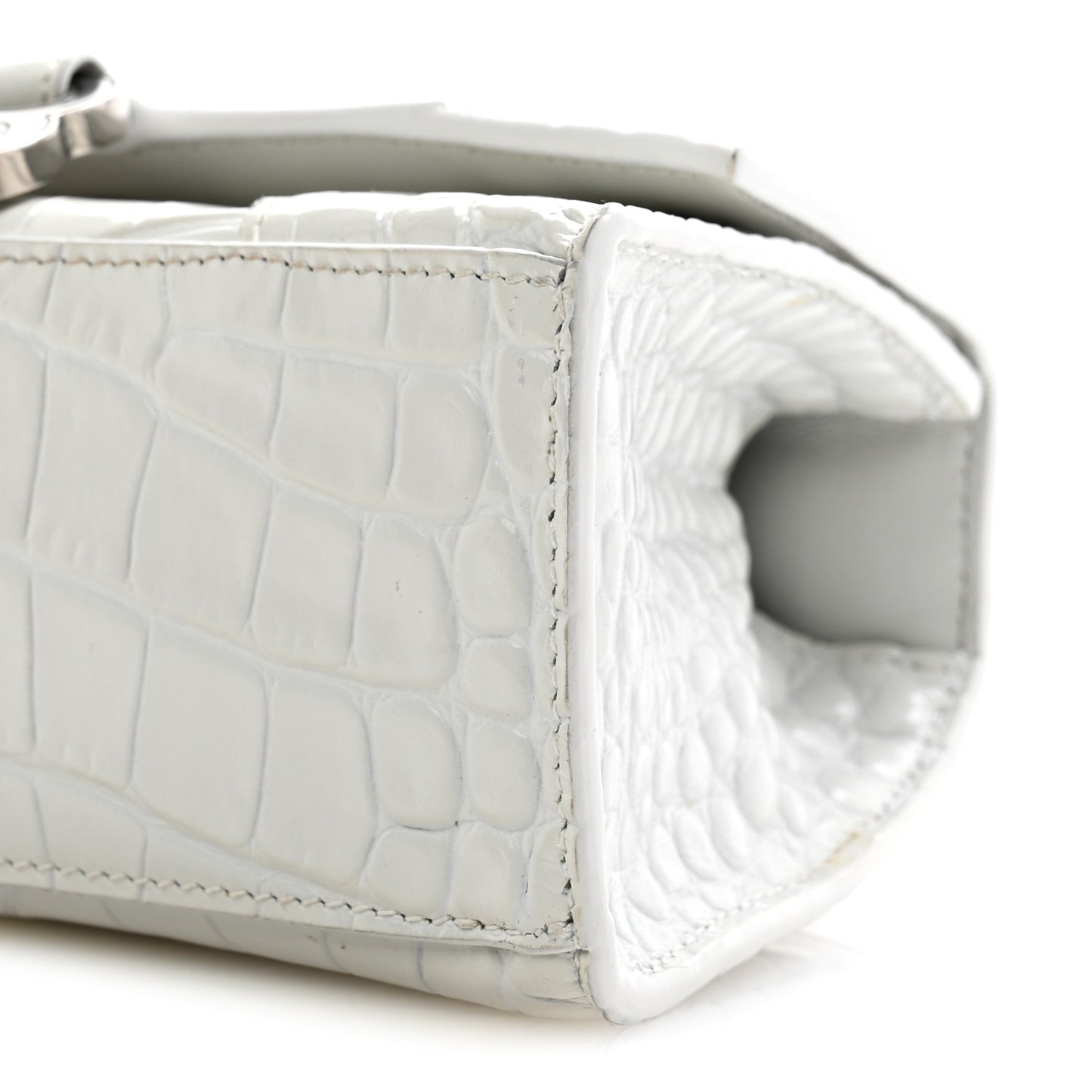 Shiny Calfskin Crocodile Embossed Hourglass Top Handle Bag XS White