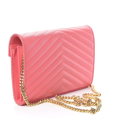 Saint Laurent Grain De Poudre Matelasse Chevron Monogram Chain Wallet Rose Clair 3 of 11
