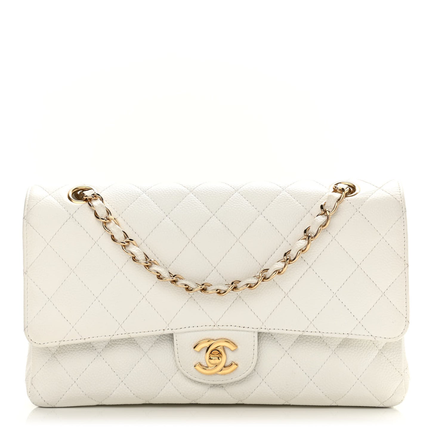 Caviar Quilted Medium Double Flap White