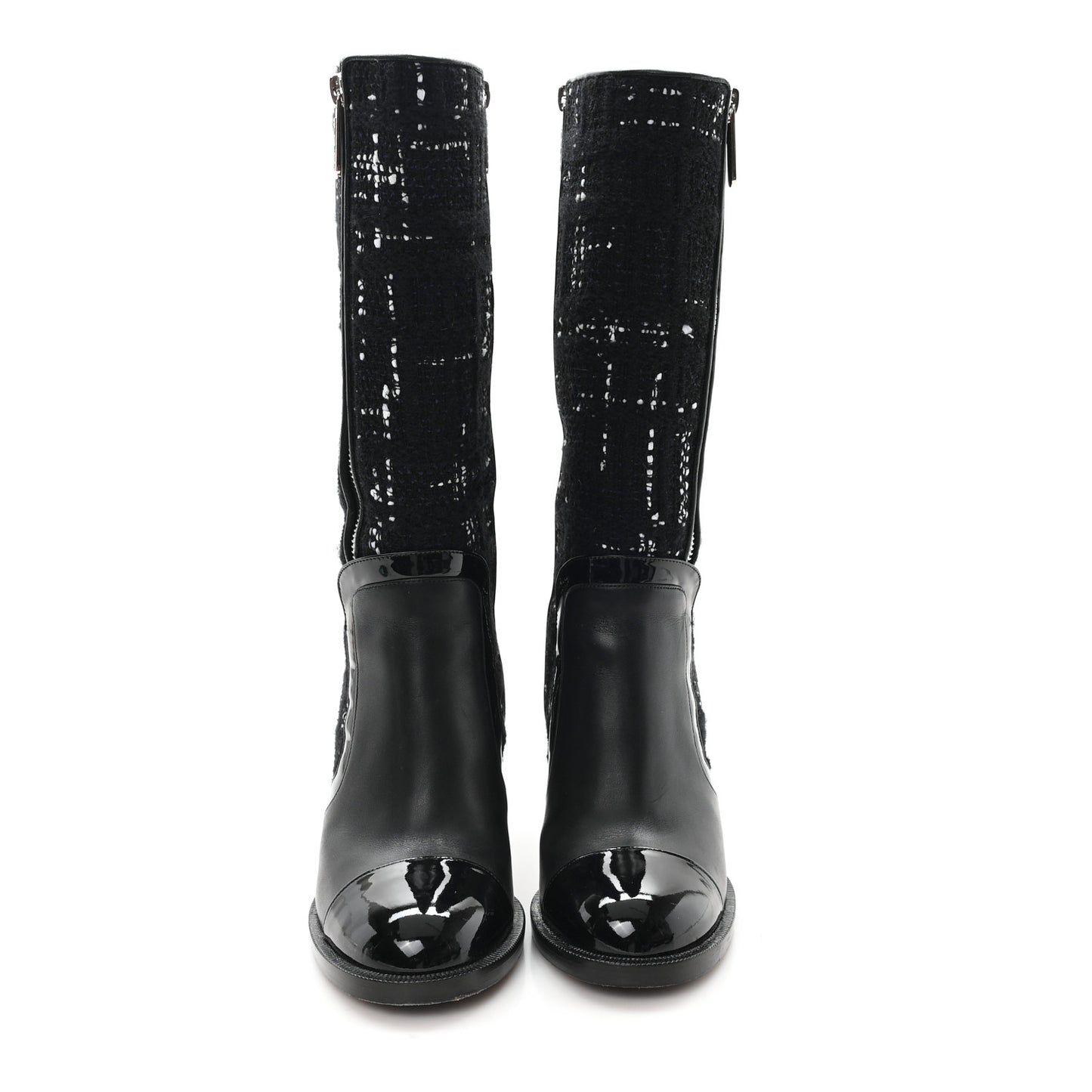 Tweed Calfskin Patent Cap Toe CC High Boots 39 Black Navy White