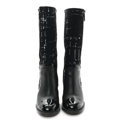 Chanel Tweed Calfskin Patent Cap Toe CC High Boots 39 Black Navy White 3 of 11