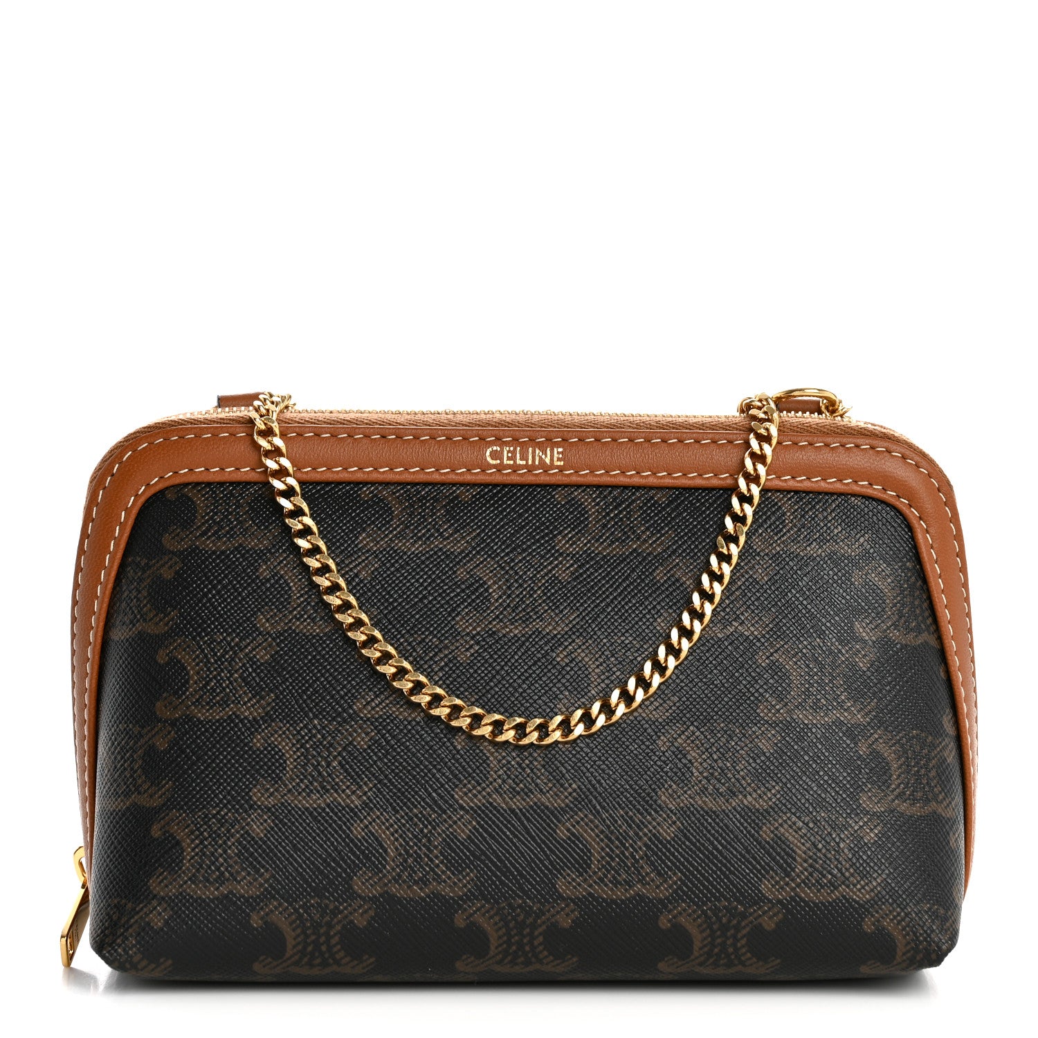 Celine Triomphe Canvas Lambskin Clutch On Chain Tan 1 of 12