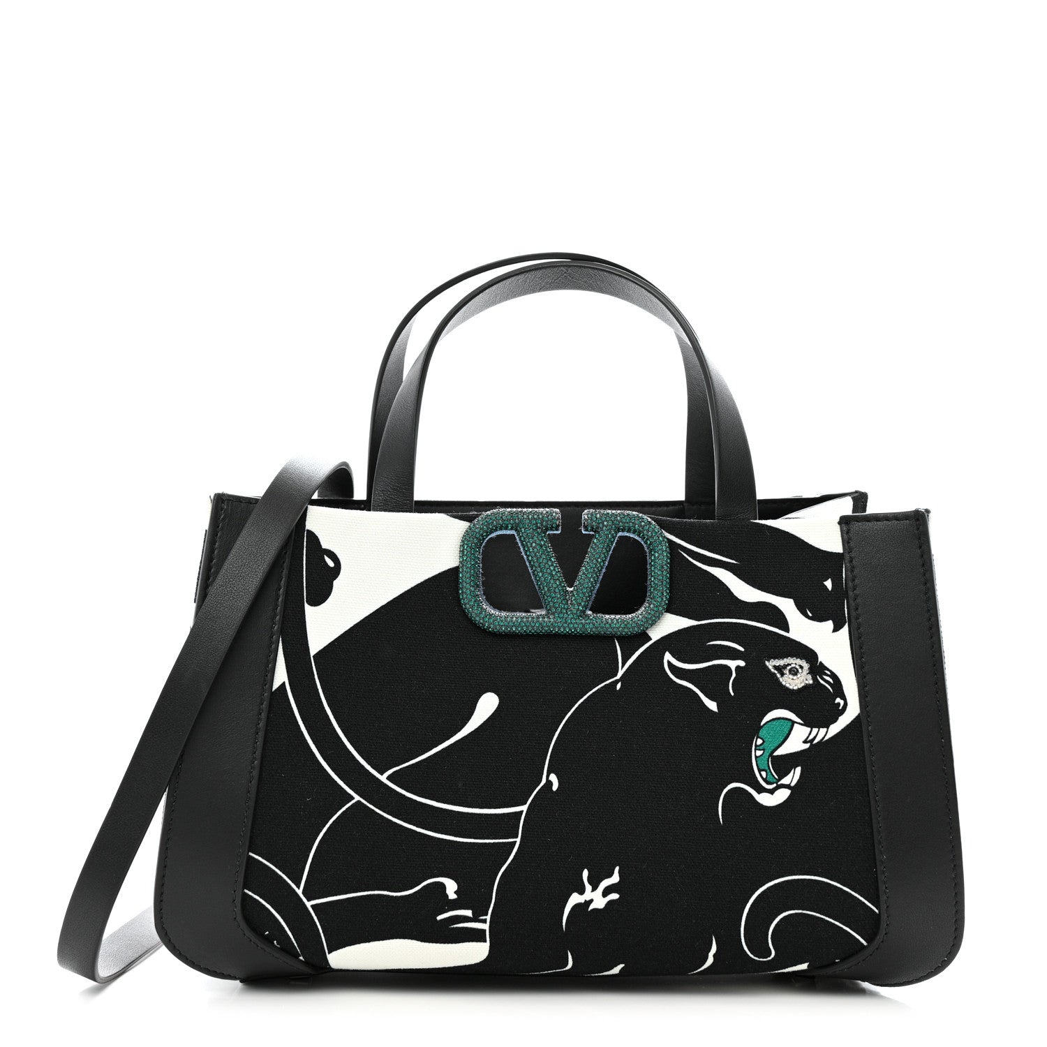 Valentino Garavani Canvas Panther Calfskin Crystal Small Vlogo Signature Tote Black White 1 of 12