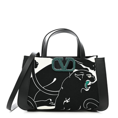 Valentino Garavani Canvas Panther Calfskin Crystal Small Vlogo Signature Tote Black White 1 of 12