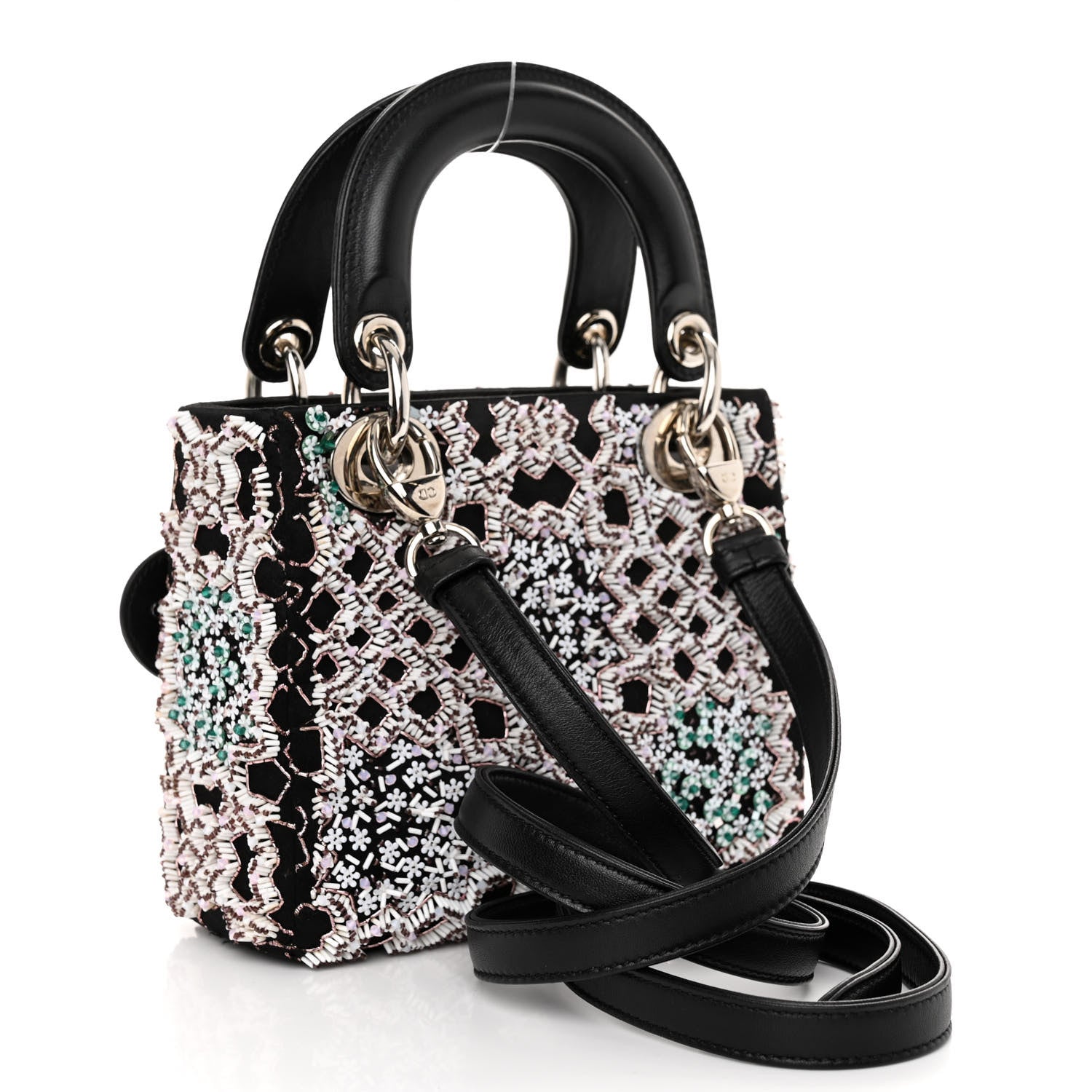 Christian Dior Satin Beaded Embroidered Mini Lady Dior Black White 3 of 9