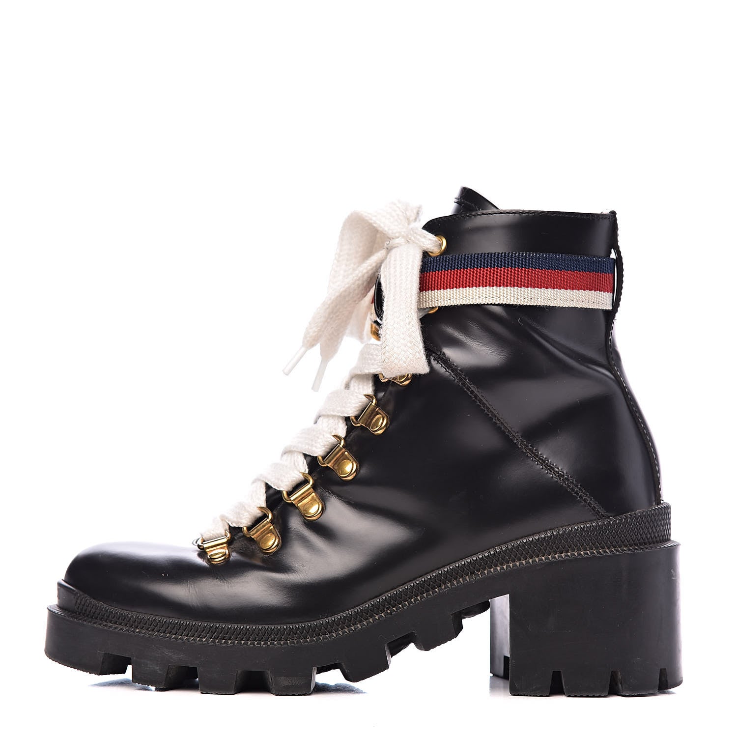Gucci Calfskin Sylvie Web Lace Up Combat Boots 35 Black 1 of 11