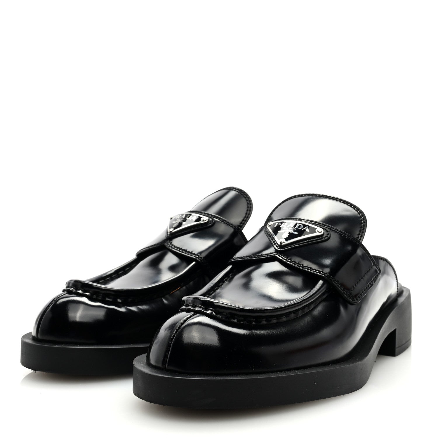 Prada Spazzolato Metal Triangle Logo 40mm Loafer Mules 36.5 Black 2 of 9