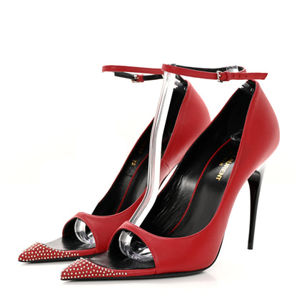 Saint Laurent Nappa Studded Palace 105 Open Toe Pumps 39 Rouge Eros 3 of 14