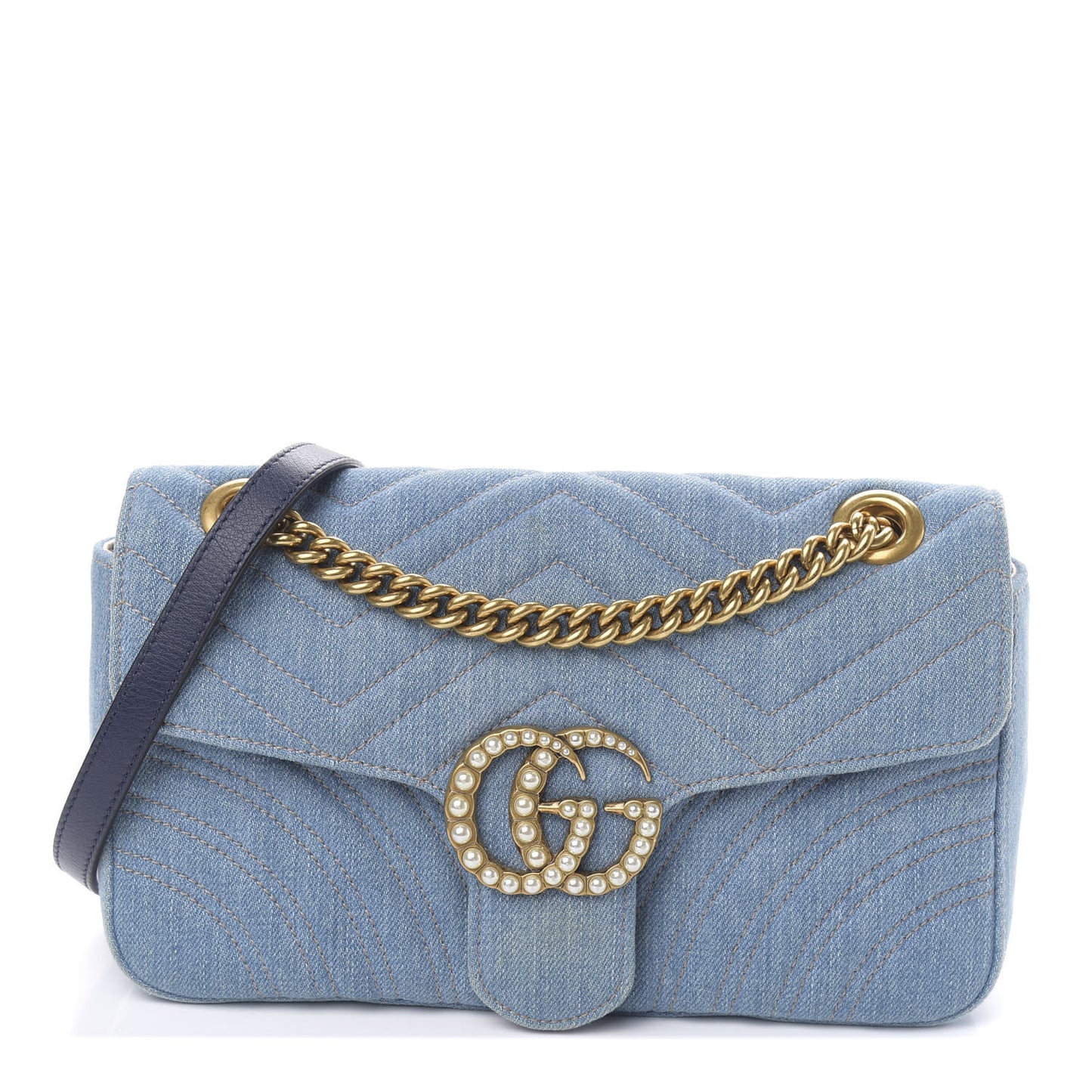 Denim Matelasse Small Pearly GG Marmont Shoulder Bag Blue
