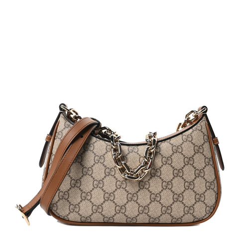 GG Supreme Monogram Textured Calfskin Small Emblem Shoulder Bag Beige Dark Brown
