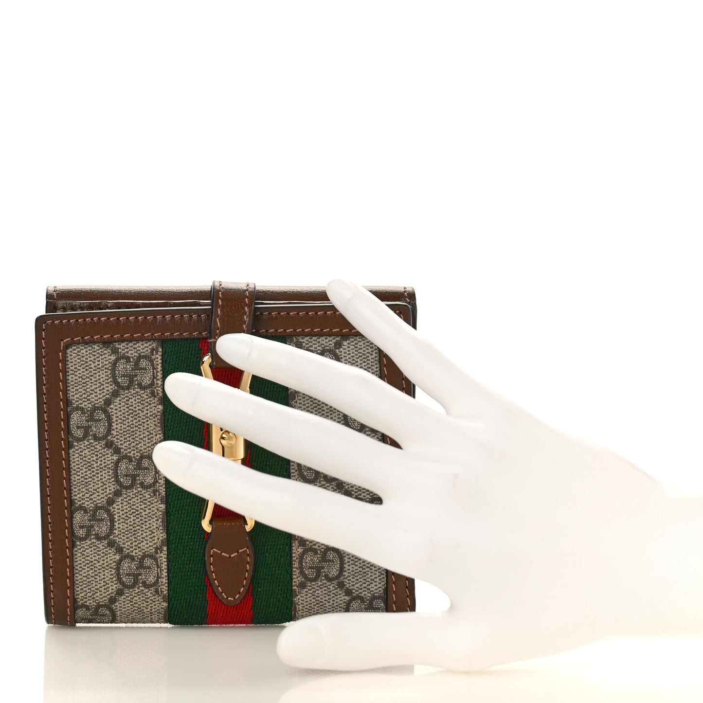 GG Supreme Monogram Textured Calfskin Web Jackie 1961 French Flap Wallet Beige Ebony Brown Sugar