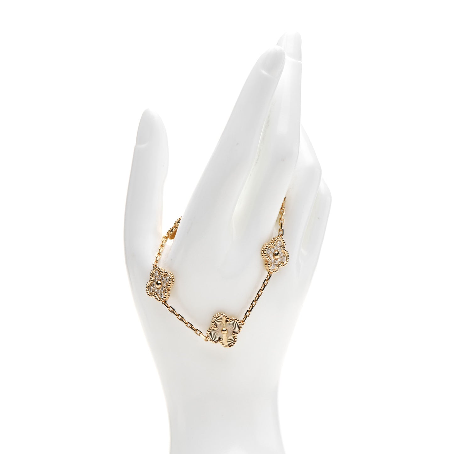 18K Yellow Gold Diamond 5 Motifs Guilloche Vintage Alhambra Bracelet