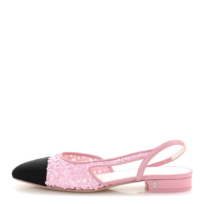 Chanel Sequins Satin Cap Toe CC Slingback Flat 37 Pink Black 1 of 10