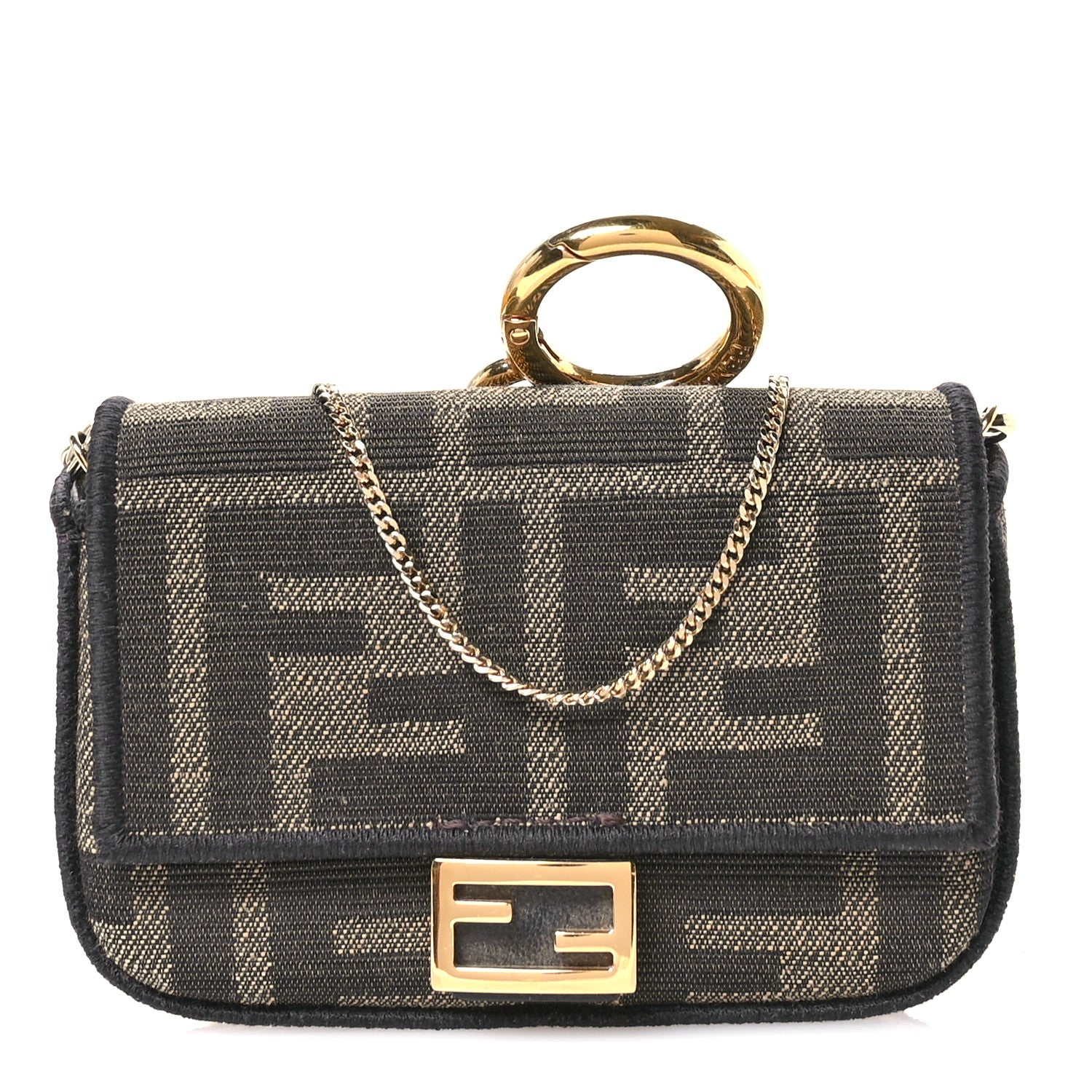 Fendi Fabric Jacquard FF 1974 Nano Baguette Charm Tobacco Moro Black 1 of 12