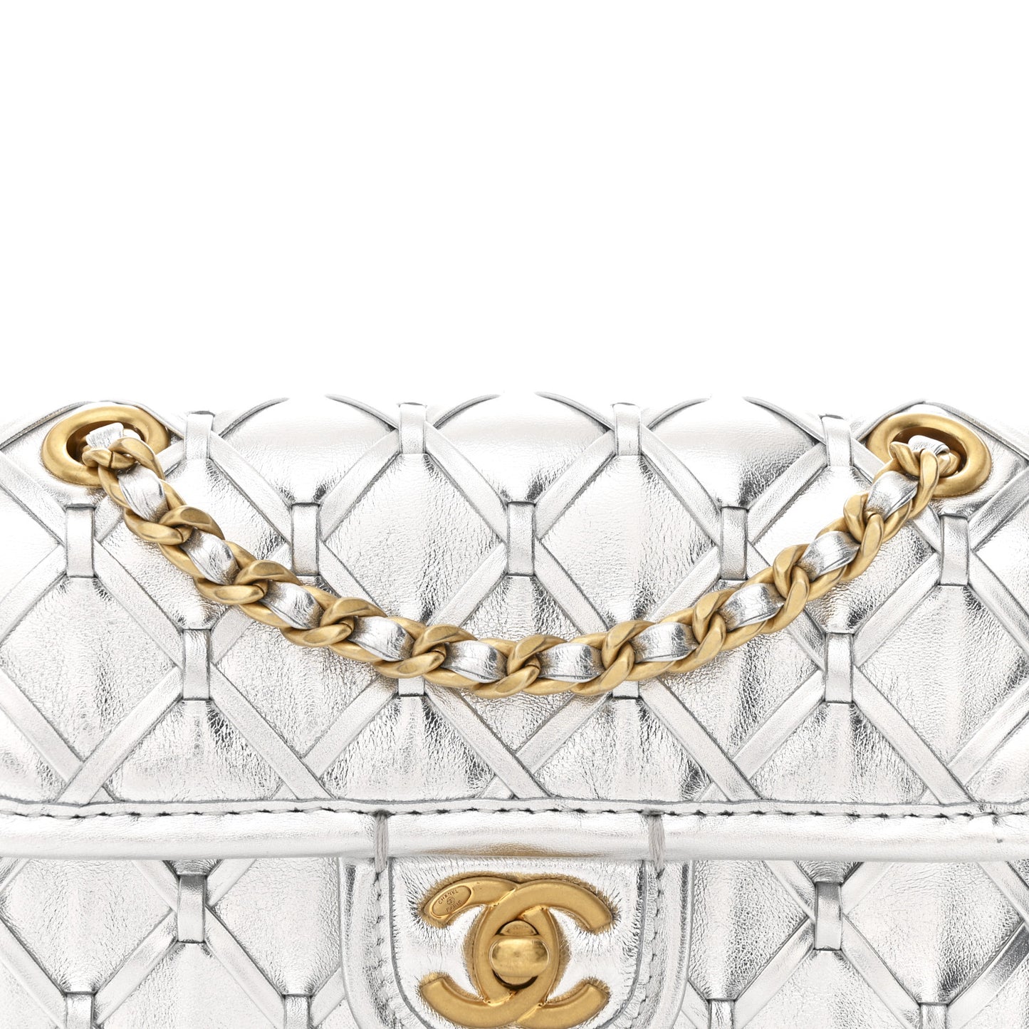 Metallic Calfskin Quilted Braided Mini Rectangular Flap Silver