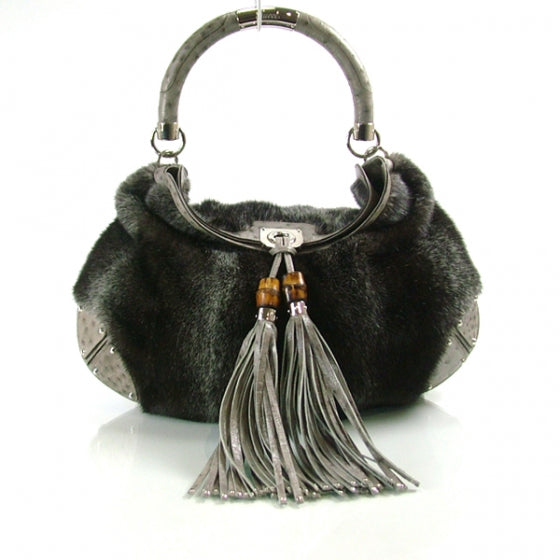 Gucci Mink Fur Ostrich Large INDY Hobo Grey 1 of 12