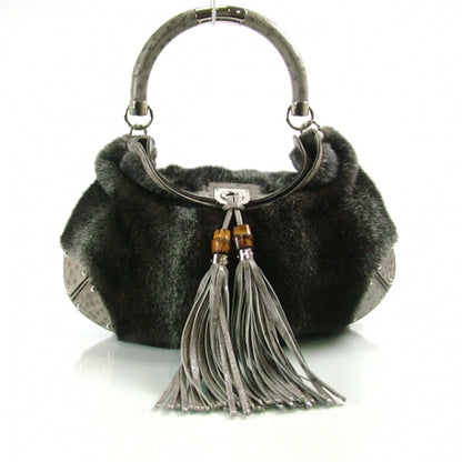 Gucci Mink Fur Ostrich Large INDY Hobo Grey 1 of 12