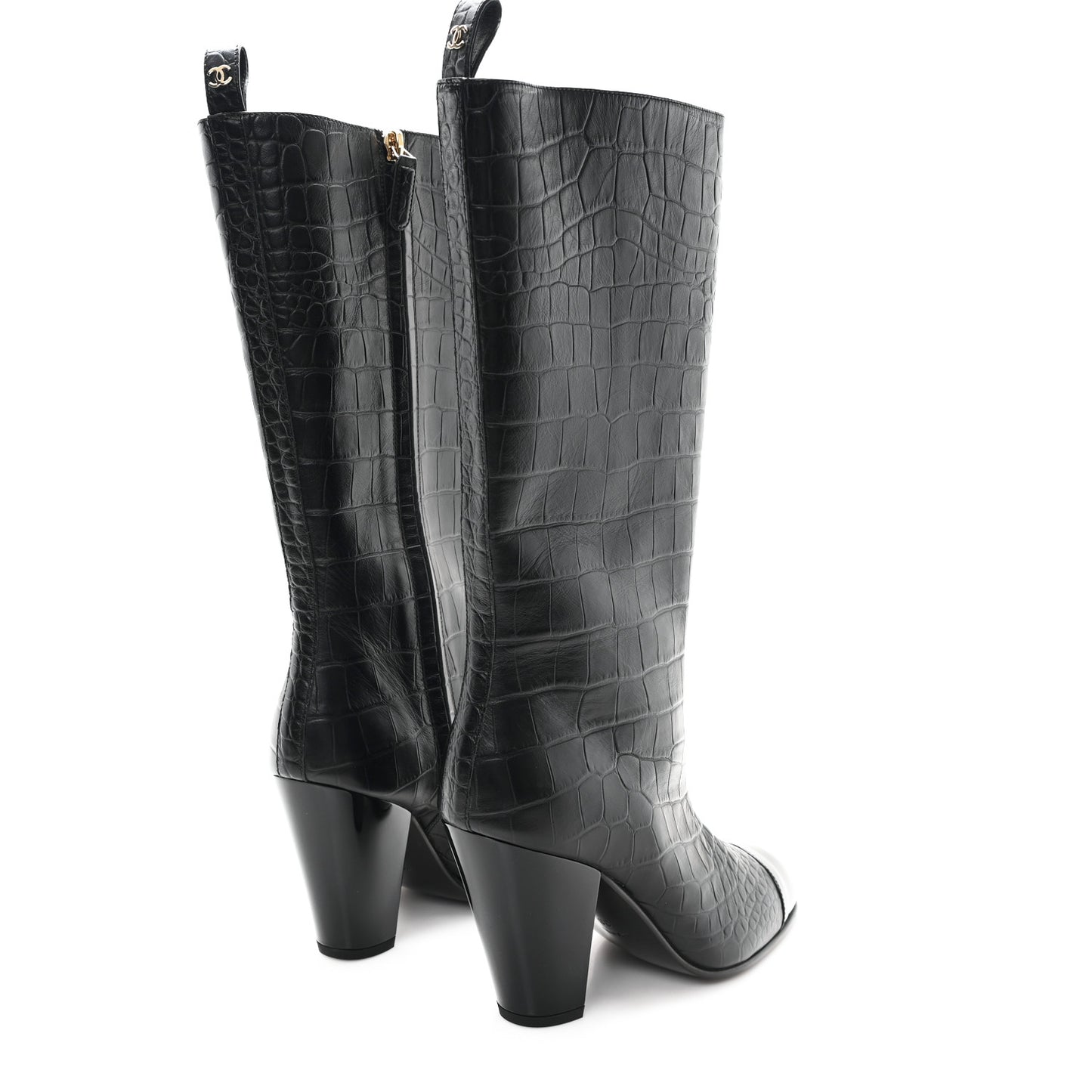 Calfskin Crocodile Embossed Cap Toe High Boots 38 Black