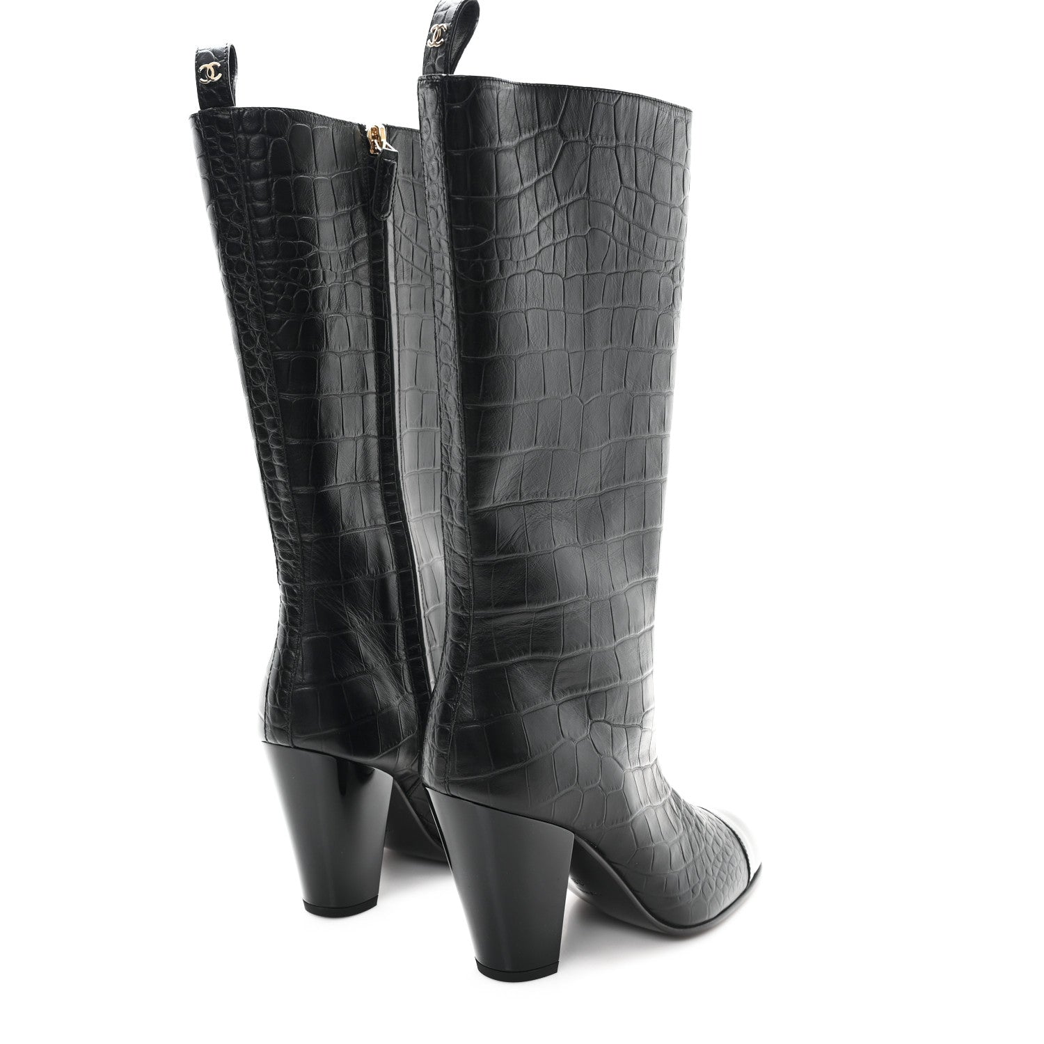 Chanel Calfskin Crocodile Embossed Cap Toe High Boots 38 Black 5 of 10