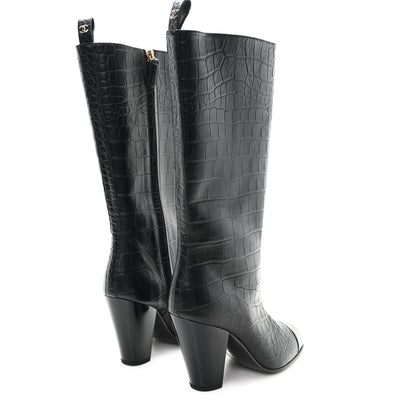 Chanel Calfskin Crocodile Embossed Cap Toe High Boots 38 Black 5 of 10