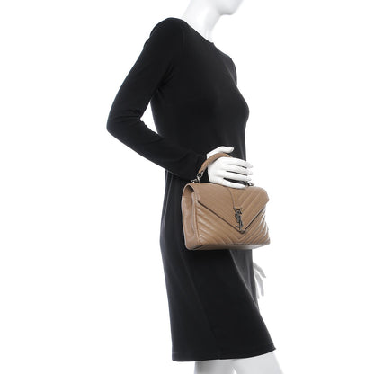 Saint Laurent Sheepskin Matelasse Chevron Monogram Medium College Bag Taupe 3 of 9