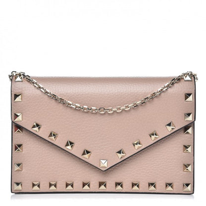 Valentino Garavani Pebbled Calfskin Rockstud Envelope Wallet on Chain Poudre 1 of 8