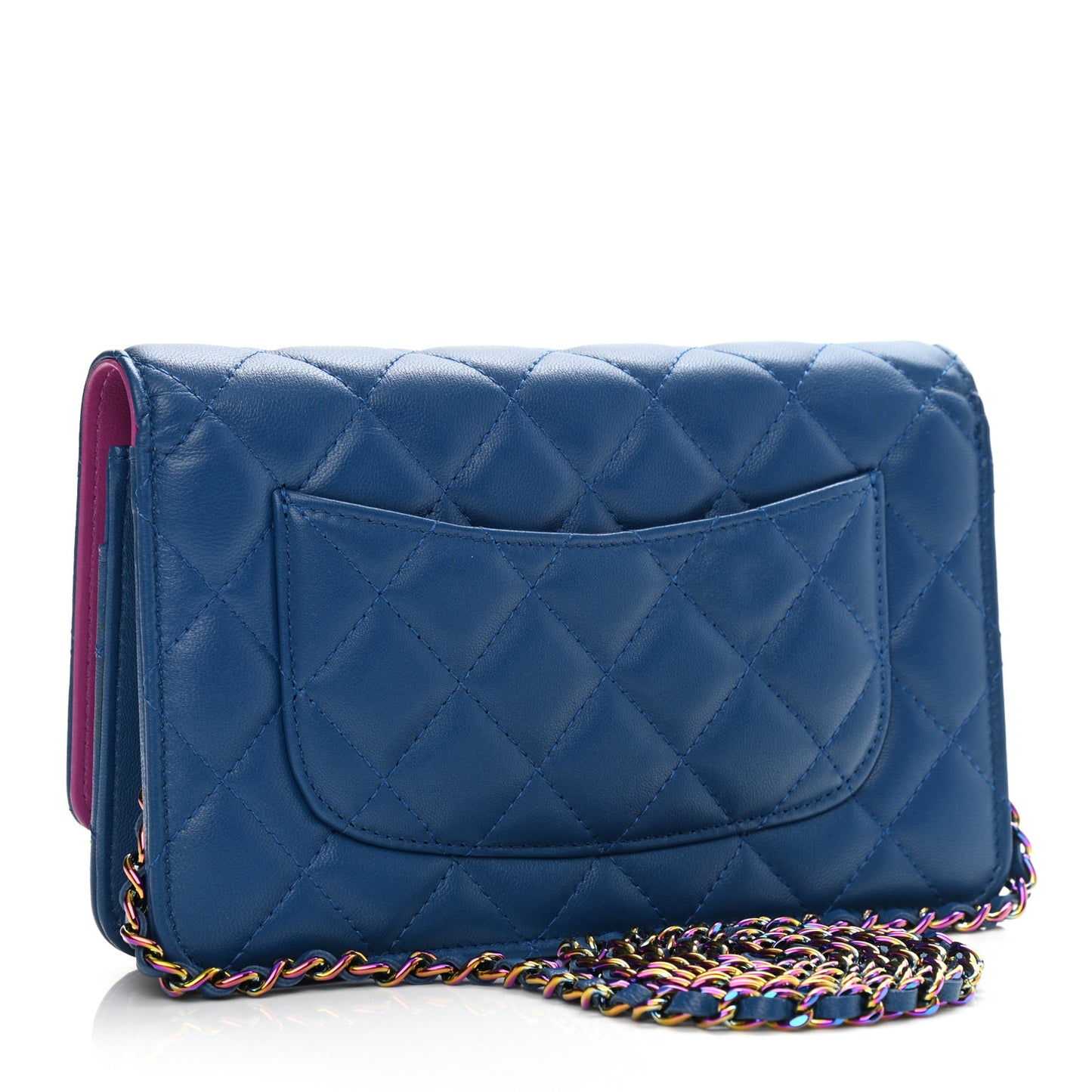 Lambskin Quilted Wallet On Chain WOC Dark Blue Pink