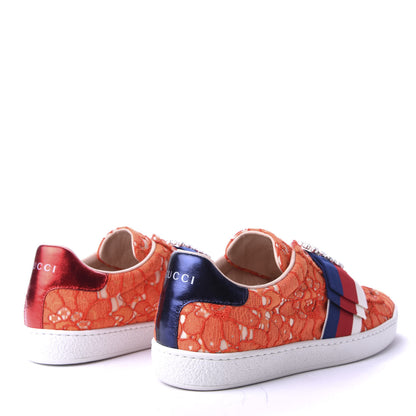 Gucci Lace Crystal Sylvie Web Flower Leaf Womens Ace Sneakers 36.5 Hot Orange Tan Beige 4 of 10