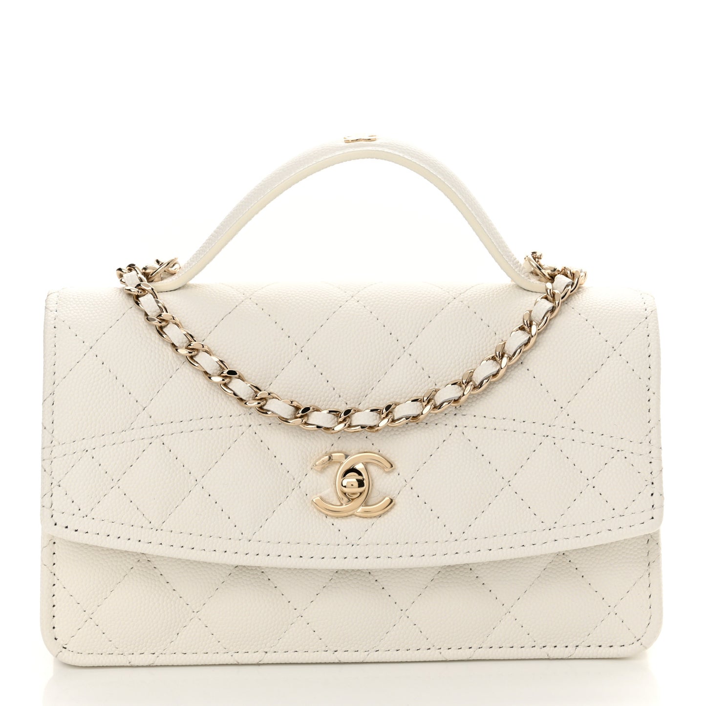 Caviar Quilted Trendy Handle Clutch With Chain White