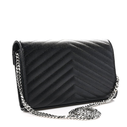 Saint Laurent Grain De Poudre Matelasse Chevron Monogram Chain Wallet Black 3 of 11